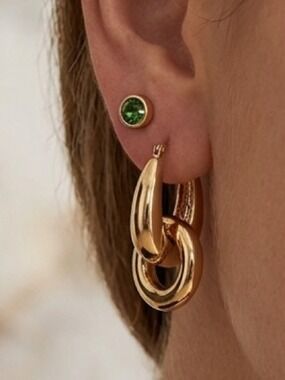 😍SHOW SPECIAL E18 Joe Fresh Green Stud Goldtone Hoop Earrings 2 Pack